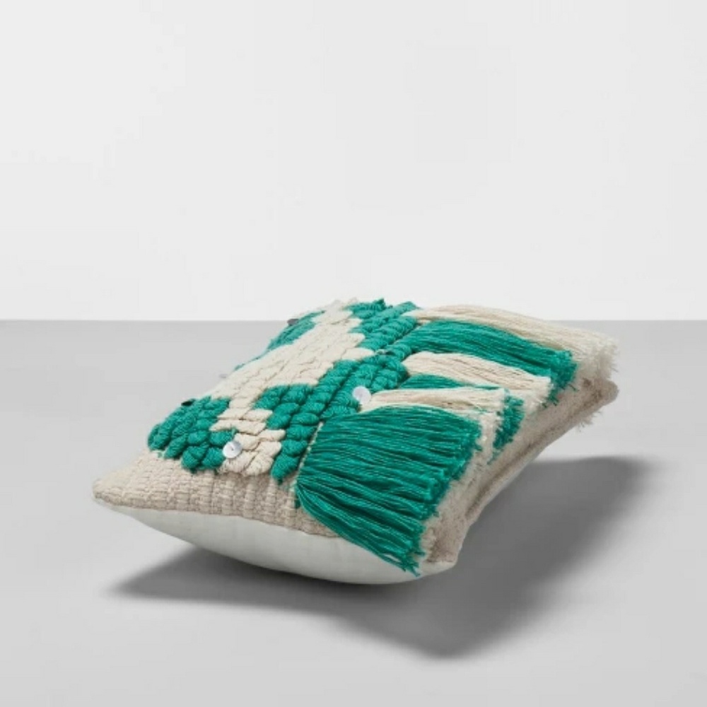 New Teal Fringe Small Lumbar Pillow Accent - Picture 3 of 3